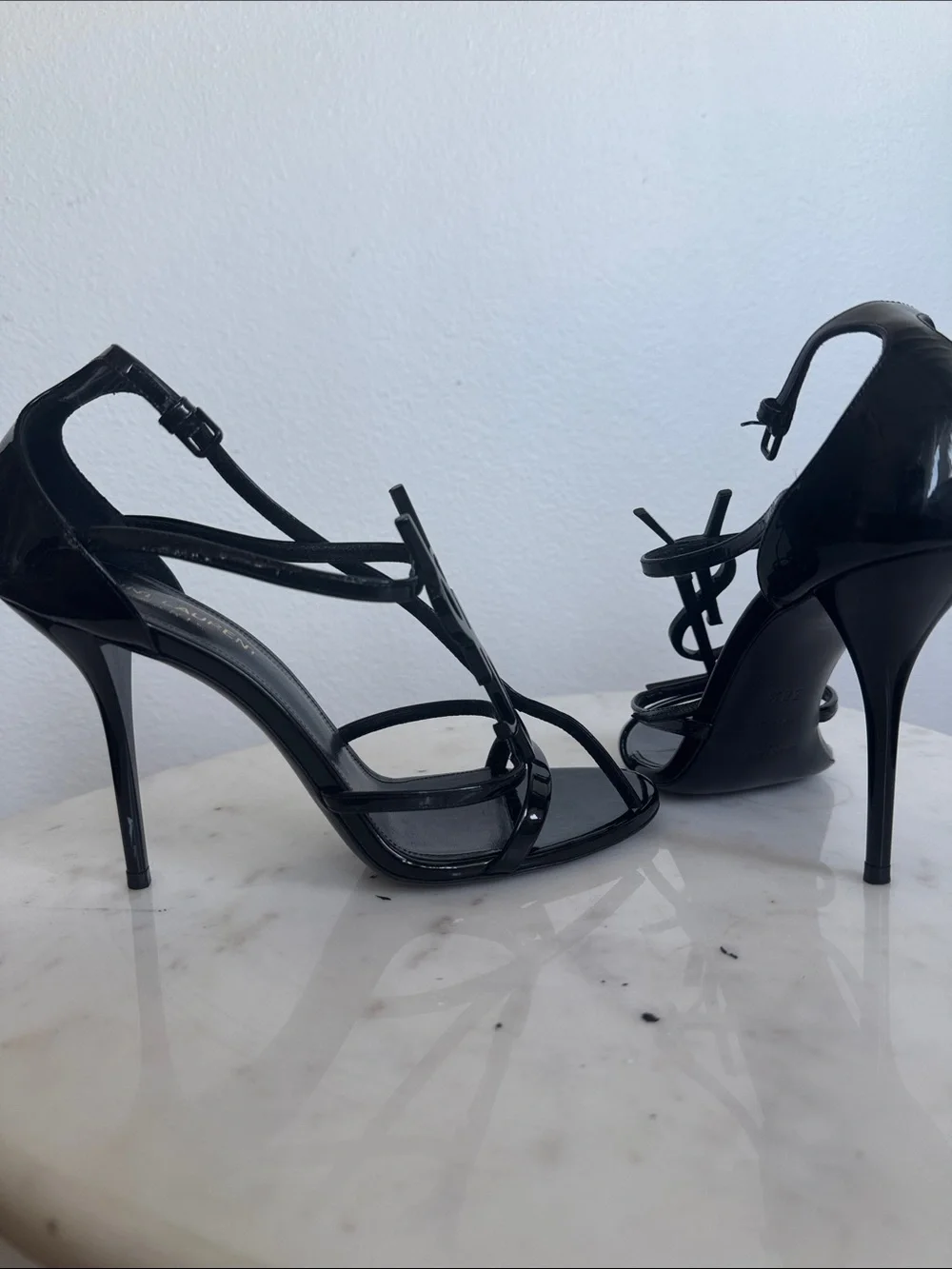 Saint Laurent Black Patent Leather Logo Strap High-Heel Sandals - Picture 4 of 9